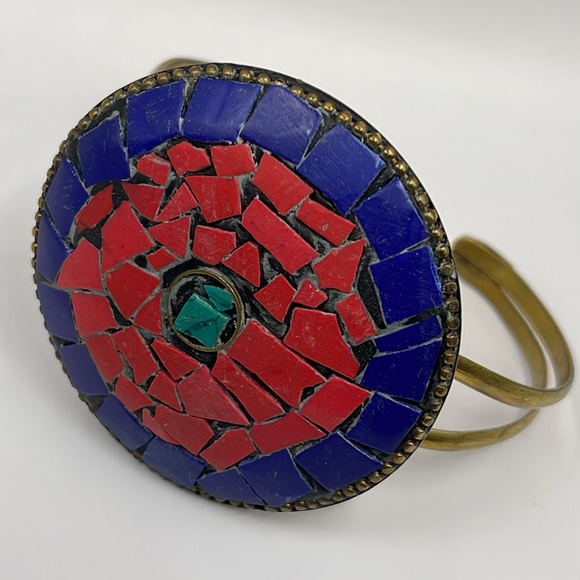 9/3 Todays show gift Big vintage mosaic brass red blue necklace pendant & more - Picture 4 of 14